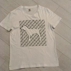 PINK Victoria's Secret White Tee with Black Logo Pattern